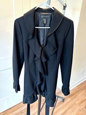INC Black Ruffle Coat with Wrap Belt - Small (EUC)